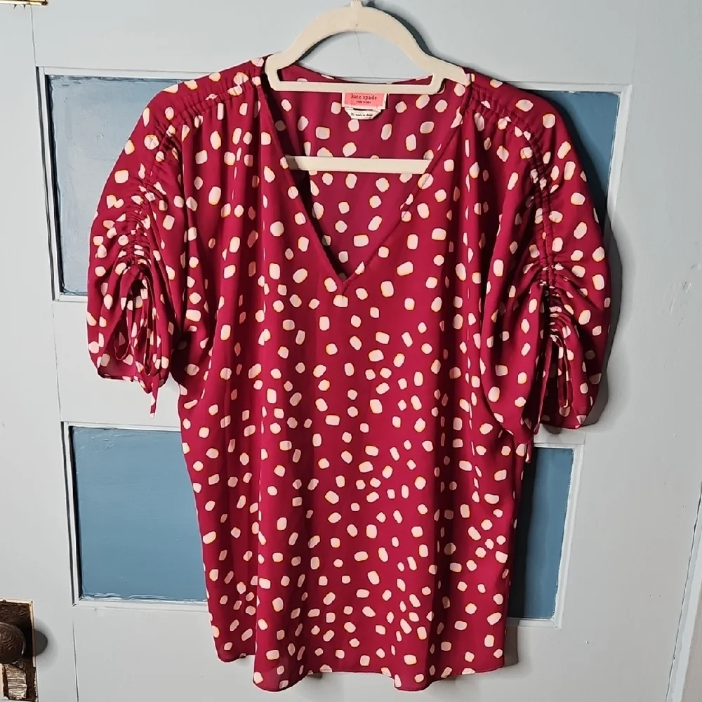 Kate Spade Women's Mallow Dot Ruched Sleeve In Beet Juice Color Blouse XS
